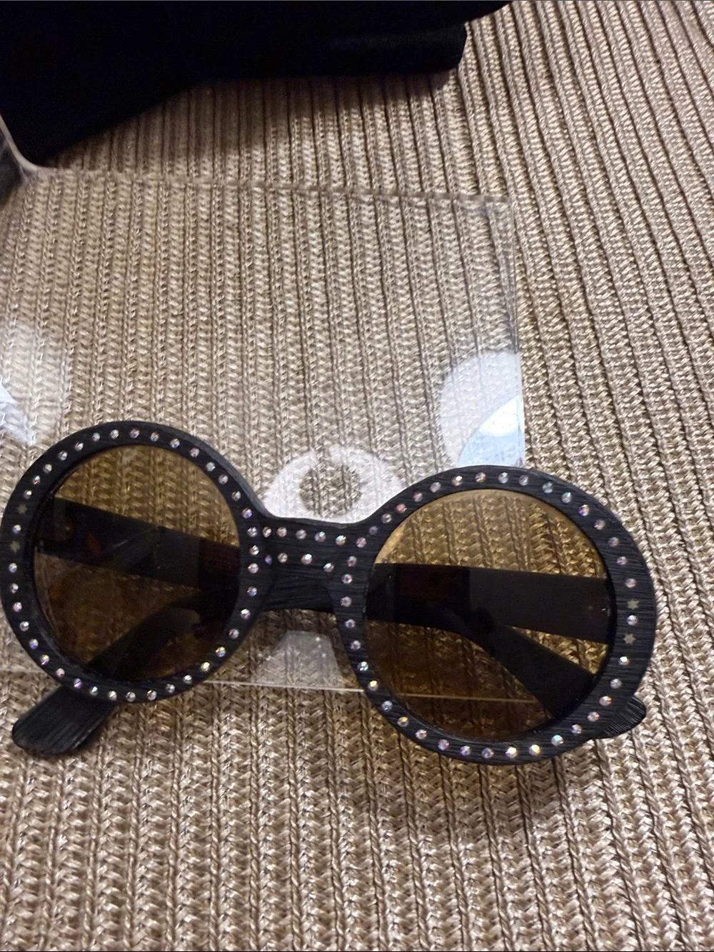Round Black Sunglasses with Amber Lenses and Crystal Accents